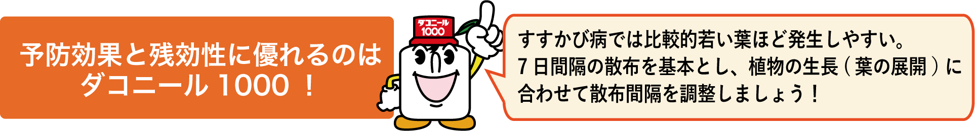 予防効果と残効性に優れるのはダコニール1000！すすかび病では比較的若い葉ほど発生しやすい。7日間隔の散布を基本とし、植物の生長(葉の展開)に合わせて散布間隔を調整しましょう！