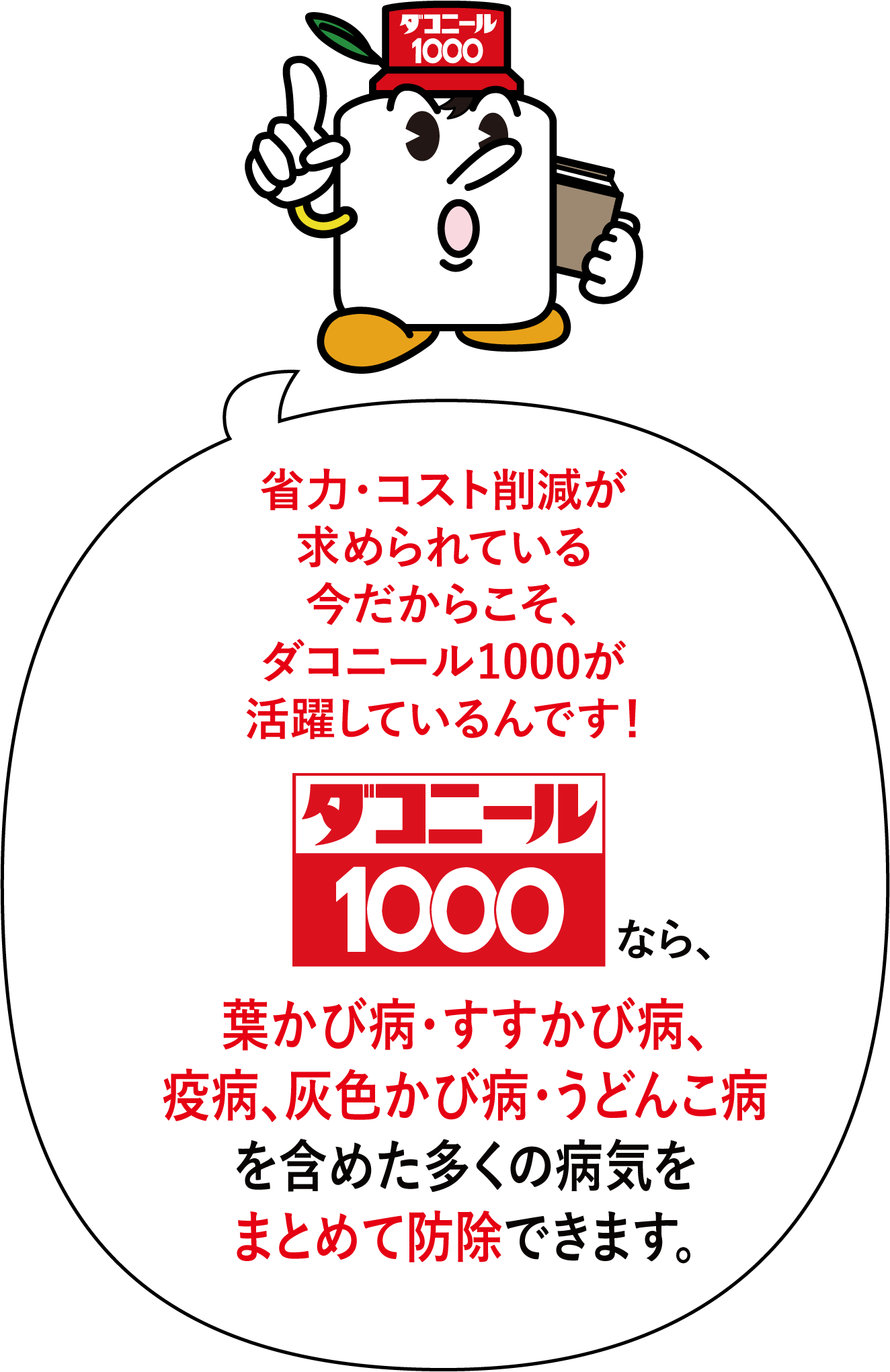 省力・コスト削減が求められている今だからこそ、ダコニール1000が活躍しているんです！ 葉かび病・すすかび病、疫病、灰色かび病・うどんこ病を含めた多くの病気をまとめて防除できます。